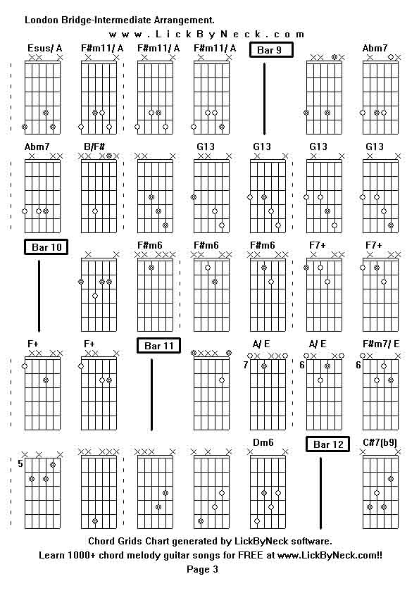 Chord Grids Chart of chord melody fingerstyle guitar song-London Bridge-Intermediate Arrangement,generated by LickByNeck software.